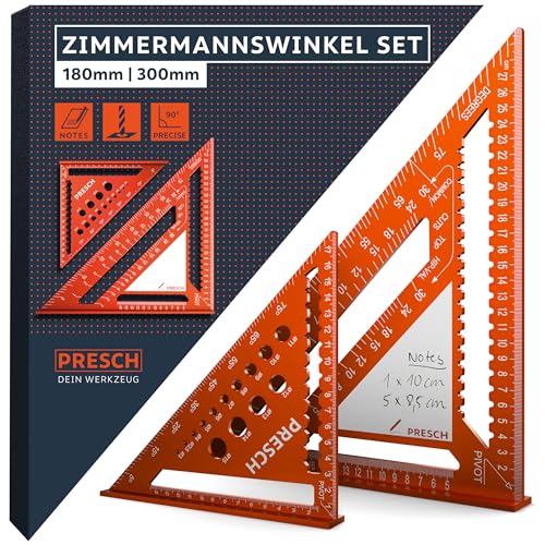 Presch Zimmermannswinkel Set - 180mm & 300mm - Innovative, abwischbare Notizfläche - Intelligente Bohrlehre für exakte Durchmesser - Hochpräzise gefrästes Aluminium für exakte 90° Winkel von PRESCH