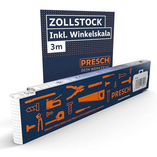 Presch Zollstock 3m mit Winkelfunktion - Holz - Blau - Große & sehr gut lesbare Zahlen - Exaktes Einrasten - Meterstab, Messstab, Metermaß, Gliedermaßstab, 3 meter Zollstock mit Werkzeugmuster von PRESCH