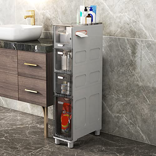 PRESSLAY Badezimmer-Hochschrank mit 5 Schubladen, Aufbewahrungsturm, schmaler Toilettenpapier-Aufbewahrungsschrank aus Kunststoff mit durchsichtigen Schubladen und Rollen für kleine Räume und Lücken von PRESSLAY