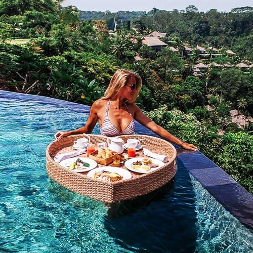 PRESSLAY Floating Tray Table Bar DIY Floating Tray, Heart Rattan Woven Floating Serving Tray Table, Swimming Pool Float for Sandbars, Spas, & Parties (Color : Yellow) von PRESSLAY