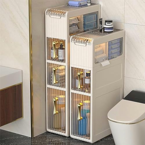 PRESSLAY Freistehende Badezimmerschränke, hohe, schmale Badezimmereinheit in Weiß, hohe Badezimmer-Unterschränke mit Stauraum, Eck-Hochschrank aus Kunststoff von PRESSLAY