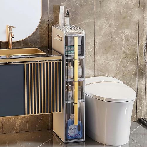 PRESSLAY Schmaler Badezimmer-Aufbewahrungsschrank mit Toilettenpapierhalter, Aufbewahrungsschrank mit Rädern für kleine Küchen, Wäschereien, Wohnzimmer, Toilettenlücken, 4 Ebenen von PRESSLAY