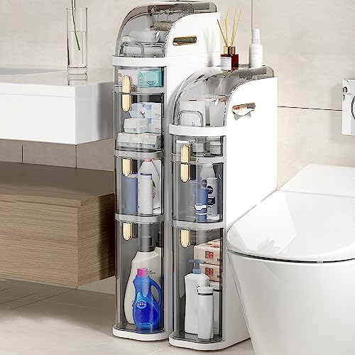 PRESSLAY Schmaler Badezimmer-Unterschrank mit 4 Ebenen, hohe vertikale Aufbewahrungseinheit mit durchsichtiger Schublade, mobiler schmaler Toilettenpapier-Aufbewahrungsschrank für Küche, Eingangsbere von PRESSLAY