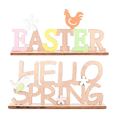 PRETYZOOM 2 Stück Holz Schriftzug Osterdeko Easter Hello Spring mit Vögelchen Blumen Huhn Desktop Ornament Ostern Party Festival Tisch Hause Bauernhaus Dekoration von PRETYZOOM