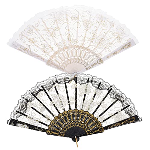 PRETYZOOM 2stücke Spitzen Fächer Faltbare Handfächer Mit Rosendesign Für Hochzeiten Tanzveranstaltungen Und Sommerpartys Tragbar Und Elegant Geschenkidee Für Damen von PRETYZOOM