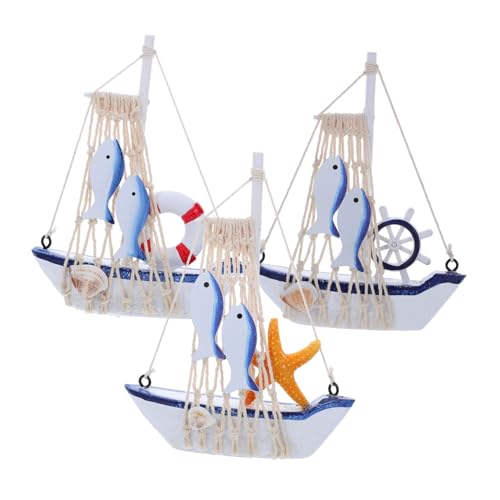 PRETYZOOM 3 Stück Teiliges Holz Segelboot Modell im Mediterranen Stil Vintage Deko mit Rettungsring für Tisch Regal und Badezimmer Handgefertigtes Nautisches Ornament von PRETYZOOM