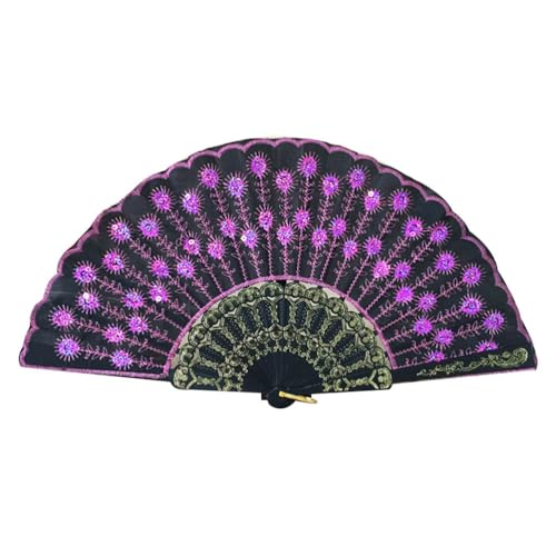 PRETYZOOM Handfächer für Frauen Modischer Fächer Stilvoller Blumentanzfans Pfau Pailletten-Fan tanzende Fans Faltfächer gestickt Handventilator der Stoff Fräulein Violett von PRETYZOOM