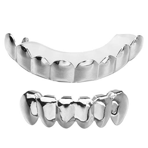 PRETYZOOM Hip Hop Teeth Grills Fake Punk Hip Hop Zähne Mund Oben Unten Diamond Strass Zähne Grillz Halloween Musikfestival Party Hip Hop Rapper Kostüm Zubehör Dekoration Ornament Silber von PRETYZOOM