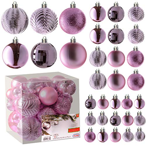 Prextex Pinker Weihnachtskugelschmuck für die Weihnachtsdekoration - 36 Stück unzerbrechlicher Weihnachtsbaumschmuck mit Aufhängeöse für Feiertage und Partys (Kombination aus 6 Stilen in 3 Größen) von Prextex