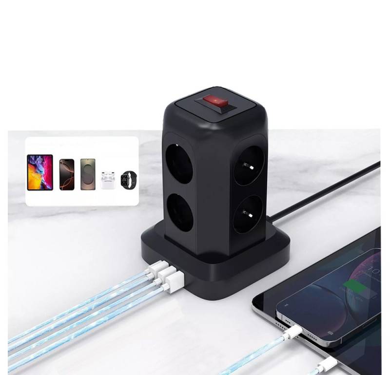 PRIISF 12-in-1 Steckdosenturm Mehrfachsteckdose USB Adapter Steckdosenwürfel Steckdosenleiste 8-fach (mit 3x USB-A und 1x USB-C, Überspannungsschutz, Kabellänge 1.8 m), Steckdosenleiste Tower Multi Steckdosen in 90° 45°-Anordnung von PRIISF