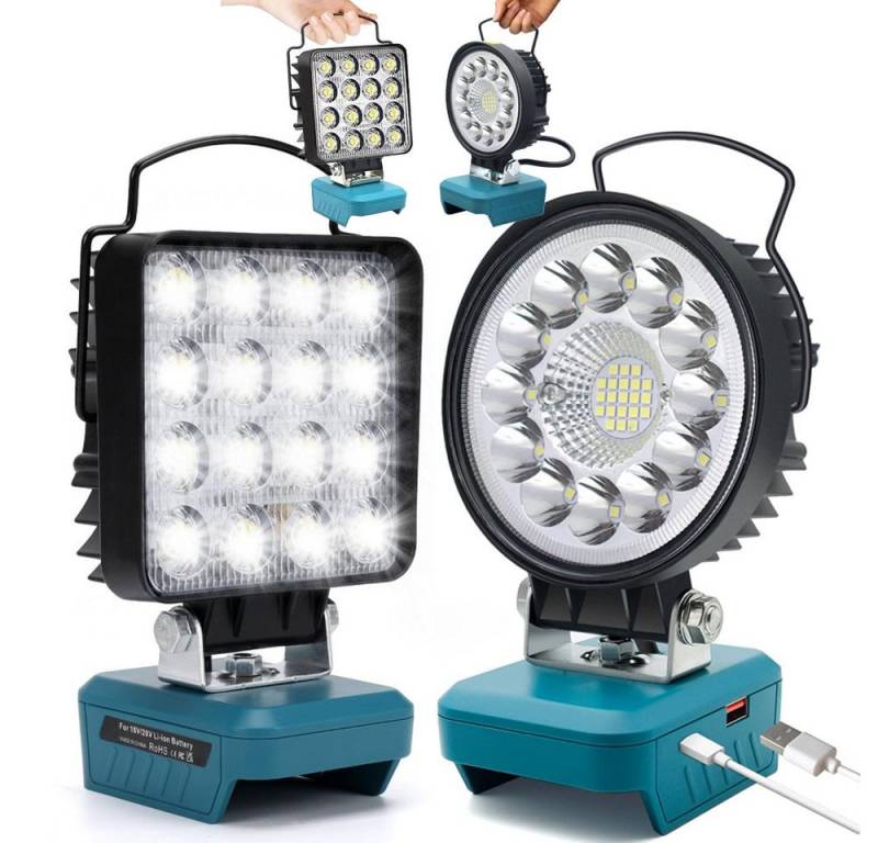 PRIISF Arbeitsleuchte Für Makita Li-ion Akku-Lampe LED Arbeitslicht Baustrahler Handlampe, Rund, Arbeitsleuchte 18V Strahler Licht, kabellose HOCHLEISTUNG Taschenlampe, Baustellen Lampe Akku Scheinwerfer mit Typ C und USB-Aufladung von PRIISF