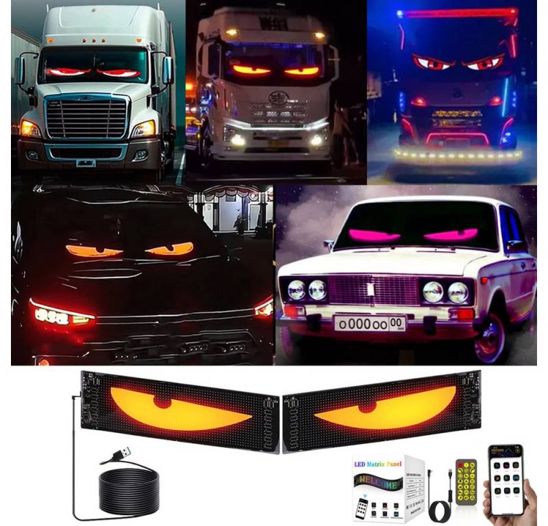 PRIISF Autosonnenschutz Augen für Lkw Auto LED Licht Dynamische Devil Eye Ambiente Beleuchtung, (DIY Programmierbarer Flex Display für Lkw Auto Frontscheibe, LED Werbung Leuchtschrift Scrollen Panel), Dynamisches Teufel Auge Licht Lkw RV Auto Aufkleber Zubehör Innenraum von PRIISF