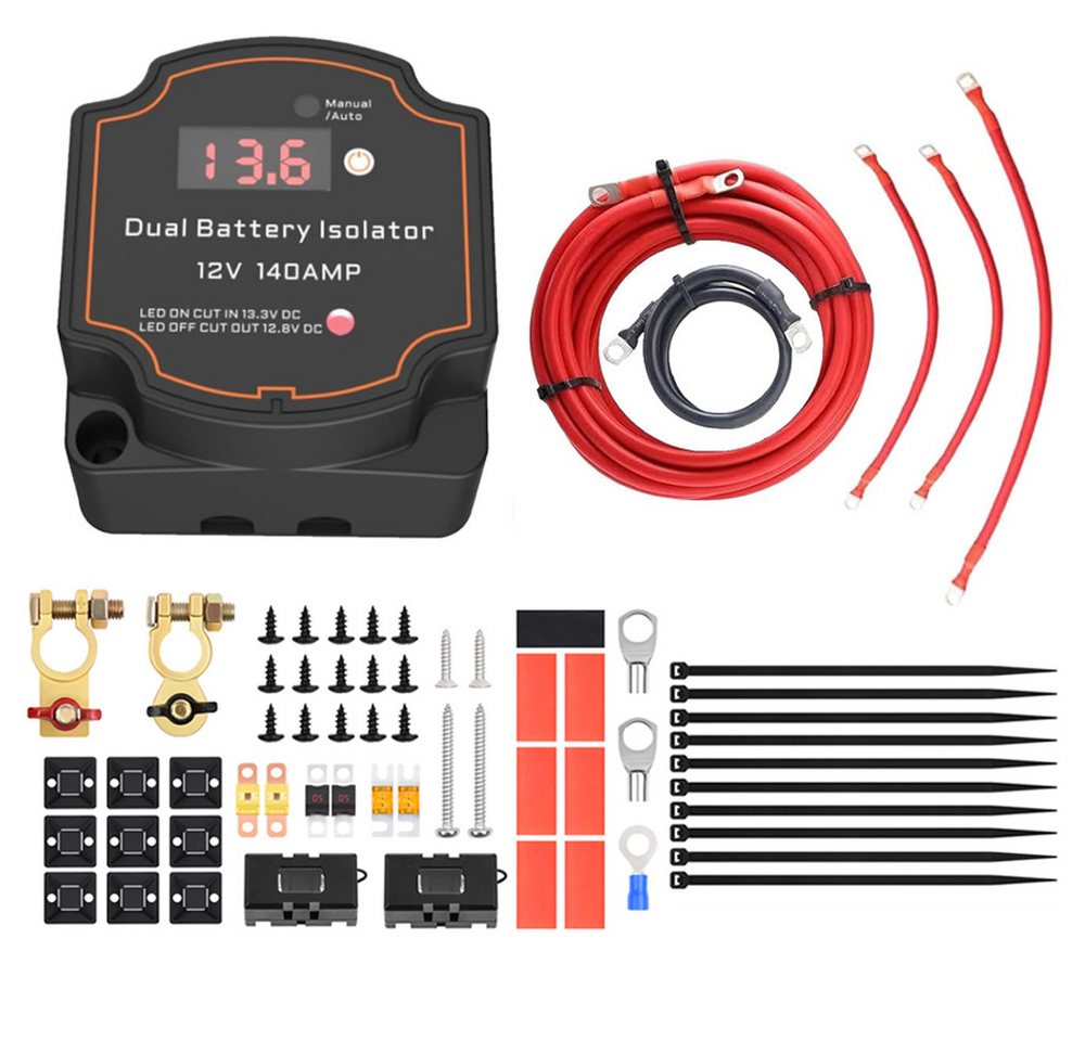 PRIISF Batterie-Trennrelais Trennrelais 12V 140A Camper Zweit Doppel Batterie Set Kupfer Kabel Kit, (mit LCD Display Auto Doppelbatterie Trennrelais Split Charge Kit), LED Doppelbatterie Isolator Trennrelais Ladestromverteiler Wohnmobil von PRIISF