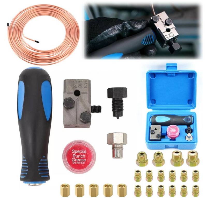 PRIISF Bördelgerät DIN F-Bördel Bördelungen Universal Bremsleitung Bremsrohr Bördelgerät, (7,62 m Bremsleitung Ø 4,75mm (3/16) Set mit 16Pcs Verschraubungen & 5Pcs Verbinder, für Bremsleitung Bördel DIN Kupfer Verkupfertes Stahl Sortiment), für DIN-Bördelung an Brems- und Hydraulik-Leitungen Bremsrohrreibahle von PRIISF