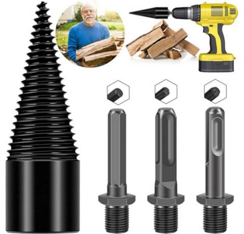 PRIISF Bohr-Meißel-Set Brennholzbohrer Holzspaltbohrer Holzspalter Kegelspalter Bohrmaschine, (Brennholz Bohrkegel 42mm 32mm mit 3 Adapter, Präzises & schnelles Spalter Holz Bohrer kompatibel mit Bohrmaschine), Schraube Kegel Schaft mit sechseckigen/quadratischen/runden Schäften von PRIISF