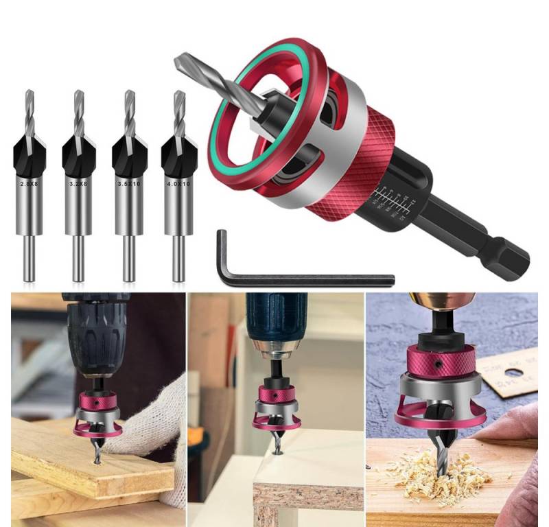 PRIISF Bohrer- und Bit-Set Versenker Aufstecksenker Senkbohrer Set Holzbohrer mit 1/4" Hex Schaft, (6-tlg. Kegelsenker Bohrer Set Senker präzise Bohrungen, Bohrsenker mit Tiefenanschlag), Vorbohrer mit verstellbar Senker Tiefenstopp für Senkkopfschrauben von PRIISF