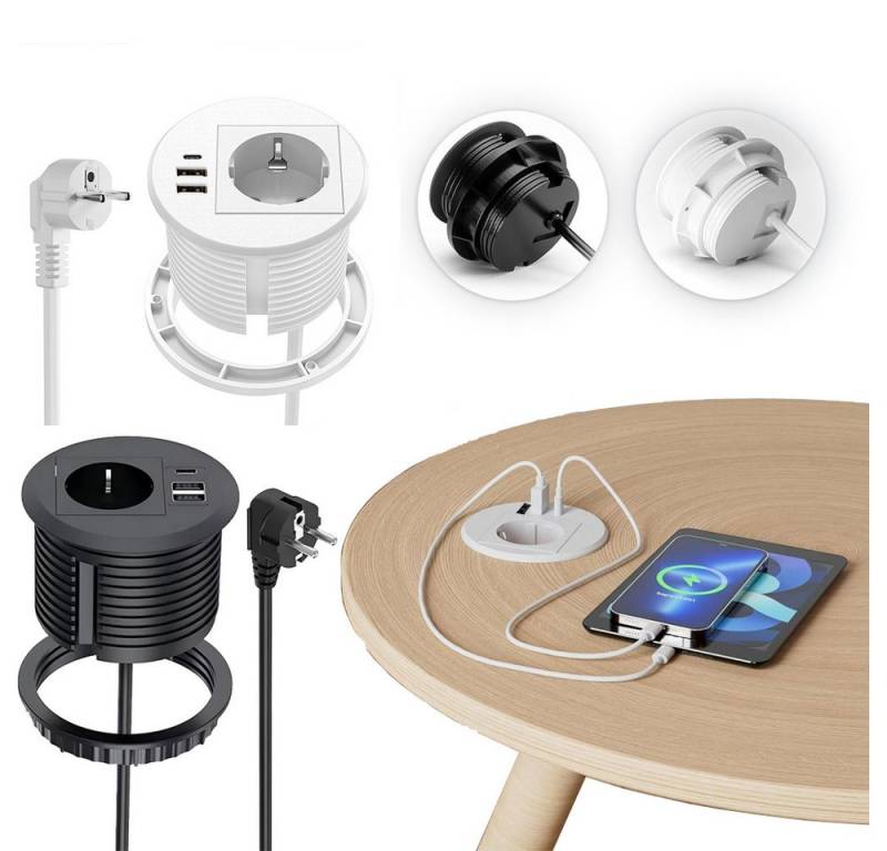 PRIISF Einbausteckdose mit USB-C Tischsteckdose Unterputz Mehrfachsteckdosen Einbau-Tischsteckdosenleiste 4-fach (EU-Schutzkontakt-Stecker, USB-A, USB-C, Schutz gegen Überspannung, Überstrom, Antistatik, Kurzschluss, Kabellänge 1,7 m), Tischplatte Grommet Steckdose Schreibtisch Unterbau Steckdosenleiste von PRIISF
