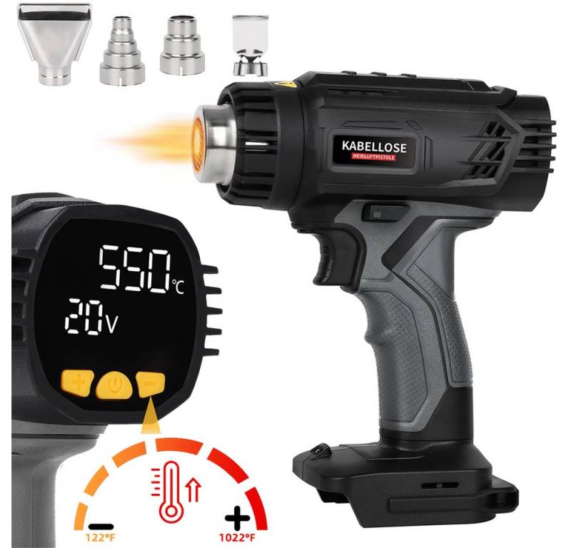 PRIISF Elektrowerkzeug-Set Professionelle Heißluftfön 50℃-550℃ mit Große Digitalen LCD Bildschirm, Heißluftpistole Set Variable Temperaturregelung, inkl. Reduzier-, Breitstrahl-, Reflektordüse, ohne Akku und Ladegerät, Akku-Heißluftpistole Kompatibel mit dem 18-21V Li-ion Akku von PRIISF