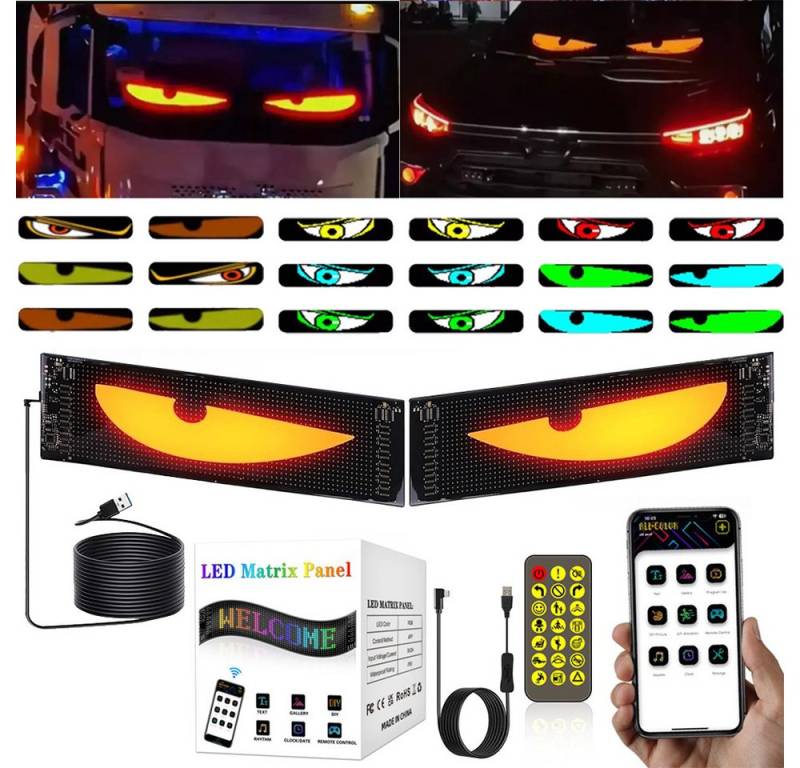 PRIISF Frontscheibenabdeckung Lkw Devil's Eye Lampe Auto-Augenlicht Dynamische LED Teufelsauge Licht, (LED-Bildschirm Autofenster DIY Smart Bunte Augenlampe, Großer Programmierbarer Flex LED Display Auto Devil Eyes), Led Laufschrift Leuchtreklame Personalisiert Leuchtschild für Auto von PRIISF