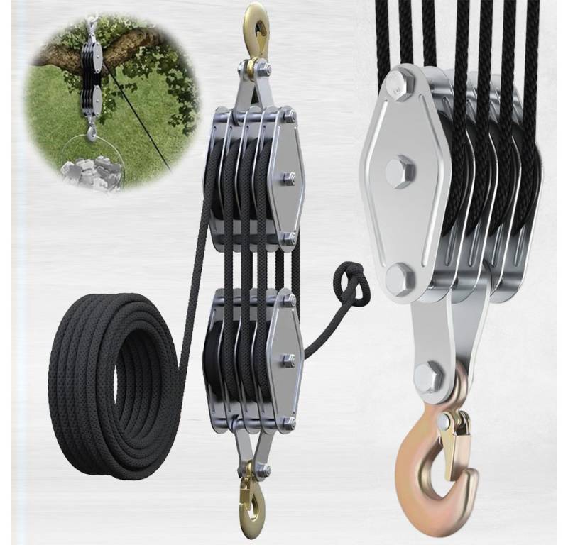 PRIISF Kettenzug Schwerlast Flaschenzug Seilzug Hebezug Lastenzug 2000kg 20m Seilwinde, (Lastenheber Handseilwinde Umlenkseil Arbeitssparender Flaschenzug, Maximale Kapazität: 2000 kg Max. Hubhöhe: 2,5 m), mit 8 Umlenkrollen und 20m Seil Transport Schwerer Lasten von PRIISF