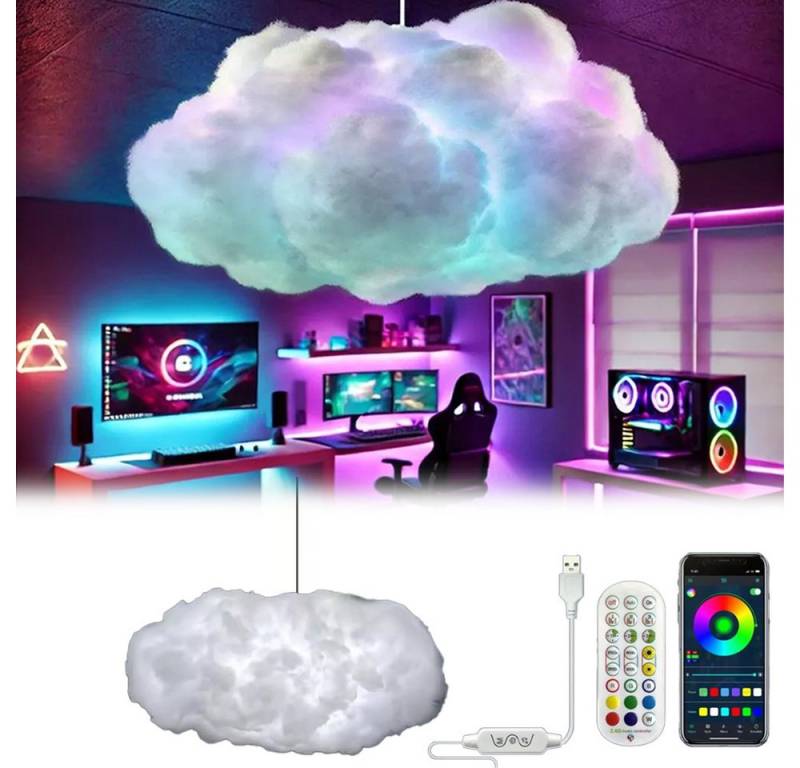 PRIISF Kugelleuchte Pendelleuchte Cloud Kronleuchter Wolke Deckenleuchte Baumwolle Leuchte, Fernbedienung,APP-Steuerung, RGB Hängeleuchte dimmbar Decken Pendel Lampe Atmosphäre, mit Bluetooth Federn Thundercloud Hängelampe, für Schlafzimmer, Esszimmer, Flur, Kinder, Gaming, Party, Club Deko von PRIISF