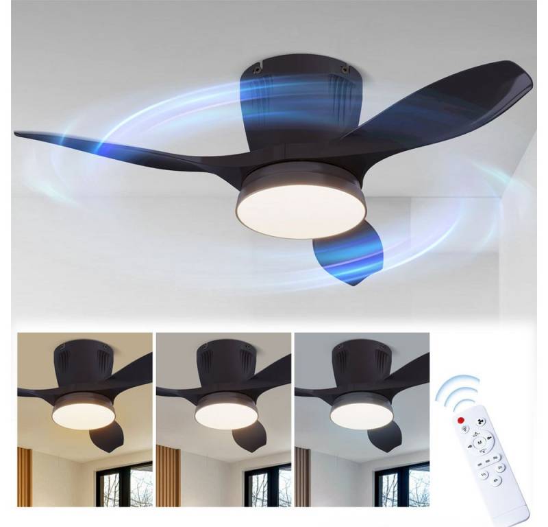 PRIISF LED Deckenleuchte Deckenventilator Kühler LEISER Zimmer Lüfterlicht 3CCT LED Deckenlampe, Schwarz, 3 Geschwindigkeiten Lampenlüfter Dimmbar mit Speicherfunktion, 54 cm, 3 Flügel Decken Ventilator mit Beleuchtung, 42W Deckenventilator LED Beleuchtung Wohn Schlaf Außen Terrasse Lüfter von PRIISF