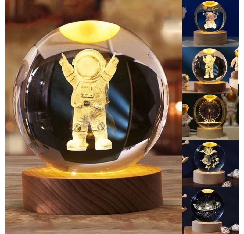 PRIISF LED Dekolicht 3D-Kristallkugel Nachtlicht Leuchtende Nachttischlampe Geschenk Lampe, LED fest integriert, Warmweiß, Gravur im Inneren Galaxie Tischlampe Heimdeko Holzsockel Lampe Ø6cm von PRIISF