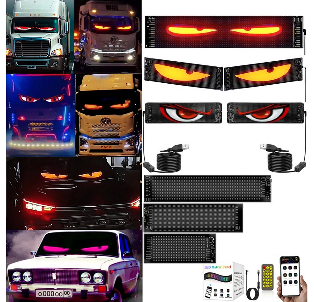 PRIISF LED Dekolicht Auto LED Licht Teufel Augen Lkw Dynamische Devil's Eye Lampe Aufkleber, Programmierbarer, Digital Schild Werbung Reklame Bildschirm RGB Laufschrift, Werbetafel Schild Leuchte Display Leuchtschrift Scrollen Panel, LED Augenlicht Devil Eyes Beleuchtung Flexibler Frontscheibe Display von PRIISF