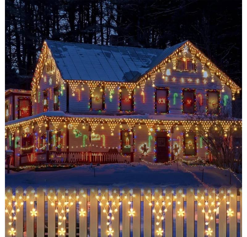 PRIISF LED Dekolicht Eisregen LED-Lichterkette Lichtervorhang Stern Lichterkettenvorhang 4M, Weihnachtsdeko, Regenlichterkette, Weihnachtsbeleuchtung, Warmweiß, Mehrfarbig, 8 Modi Außenlichterkette Outdoor Lichternetz Xmas Balkon Bogen Fenster von PRIISF