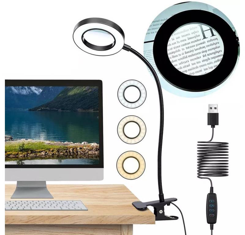 PRIISF LED Klemmleuchte Leselampe mit Berührungssensor, 5X Lupenlampe Klemmlampe Bett Kinder, 9W,Klemmleuchte, 3 Farbmodi, 10 Helligkeitsstufen, 360° Flexibel Schwanenhals Lampe Nachttischlampe, USB Ladekabel Schreibtischlampe Buchlampe für Studieren Arbeiten Büro von PRIISF