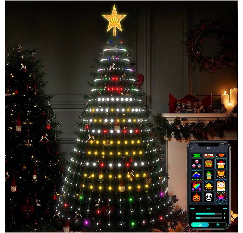 PRIISF LED-Lichterkette 1,8m Lichterkette Weihnachtsbaum weihnachtsbaumbeleuchtung mit Ring, Smart App RGB Wasserfall Baummantel Weihnachtsbaumkette mit Stern von PRIISF