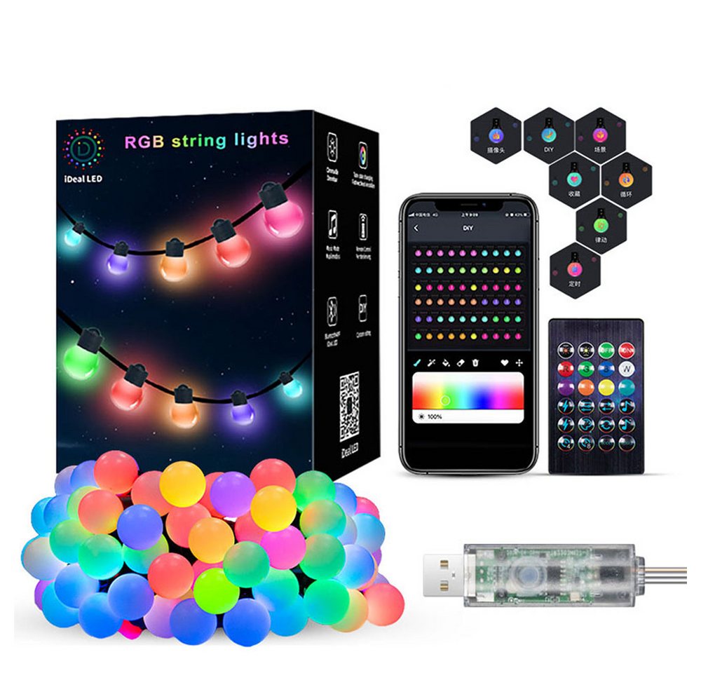 PRIISF LED-Lichterschlauch LED Kugeln Lichterkette Smart Glühbirnenkette Bunt Birnen Beleuchtung, RGB Ambiente Musik LED-Lichterkette Garten Innen Aussen Dekoration von PRIISF