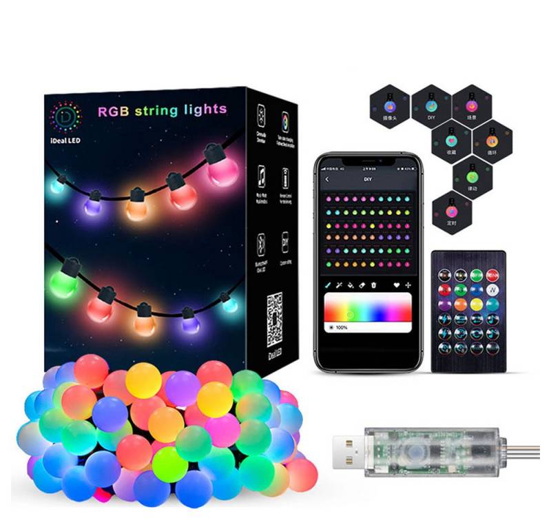 PRIISF LED-Lichterschlauch LED Kugeln Lichterkette Smart Glühbirnenkette Bunt Birnen Beleuchtung, RGB Ambiente Musik LED-Lichterkette Garten Innen Aussen Dekoration von PRIISF