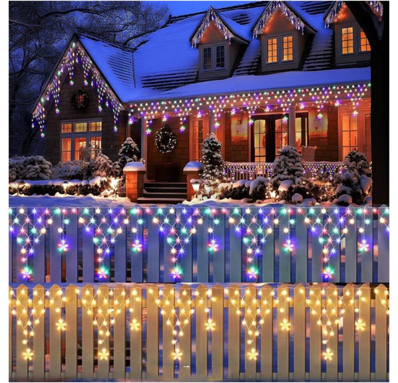 PRIISF LED-Lichtervorhang 4M Eisregen Lichterkette Weihnachtsbeleuchtung Xmas Deko Gartenleuchte, 200-flammig, Sternenvorhang Swing Balkon Bogen Sterne Xmas Lichterkette Strom 8Modi von PRIISF