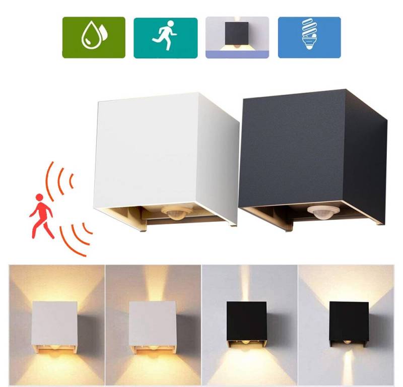 PRIISF LED Nachtlicht Modern Wandleuchte Up Down Wandlampe Außen Cube Würfel Strahler Licht, Verstellbarer, mit Bewegungsmelder Wandbeleuchtung, IP65 Wasserdicht Innen Aussenwandleuchte, Wandstrahler Gartenleuchte Flurlampe Treppenlicht Nachtlampe von PRIISF