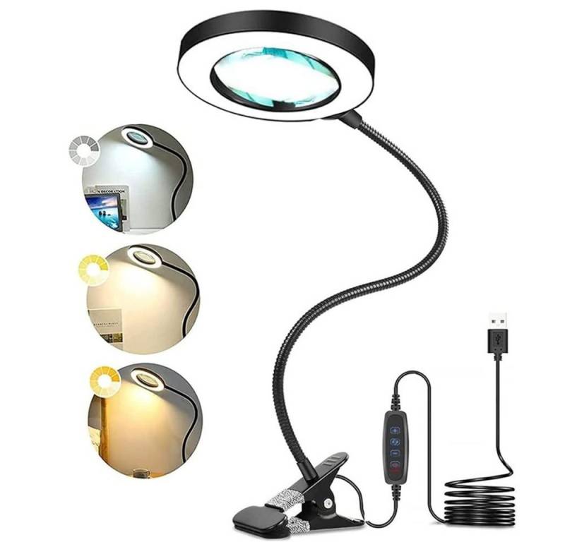 PRIISF LED Tischleuchte Lupenlampe Lupe mit Licht Ständer Lupenleuchte Schreibtischlampe USB, LED fest integriert, Warmes Licht, Warmweißes Licht, Weißes Licht, Lupenbrille 5X, 9W 48 LED mit Klemme Flexibilität Mobilität von PRIISF