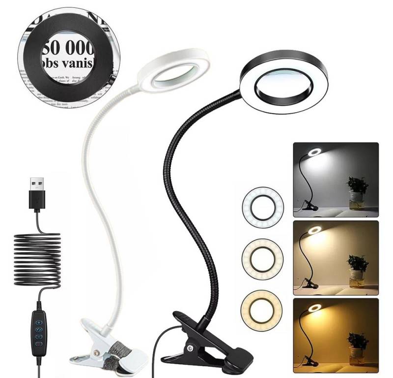 PRIISF Leuchtlupe Dimmbare LED Lupenleuchte 5X Klemmlupe Arbeitslampe Flexible Leselampe, 360° verstellbare Schwanenhals Lampe Tischlampe Lupenlampe, 3 Einstellbare Farben und 10 Helligkeitsstufen Klemmlampe Büroleuchte, Arbeitsplatzlampe für Diamond Painting Basteln Juweliere Modellbau von PRIISF