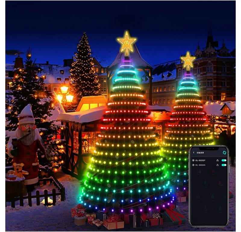 PRIISF Lichterkette LED-Lichterkette Weihnachtsbaum Weihnachtsbaumkette 400 LEDs mit Ring, 1,8m RGB Christbaumbeleuchtung Smart APP-Kontrolle Baummantel + Stern von PRIISF