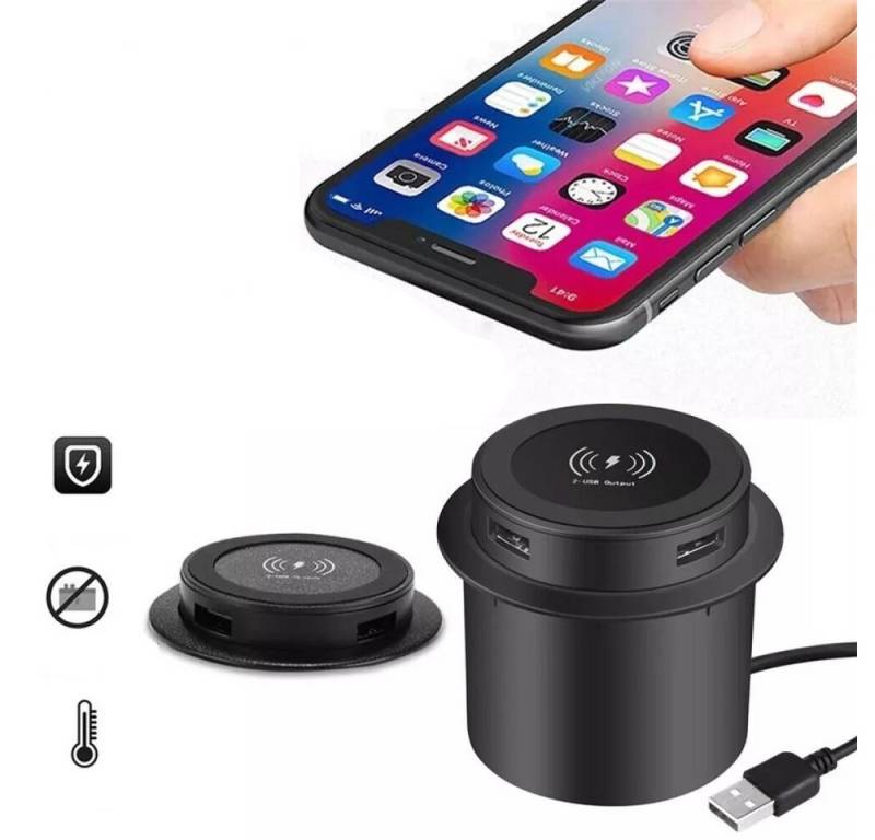 PRIISF Mehrfachsteckdosen Versenkbare Einbausteckdose Kabelloses Ladegerät Einbau-Tischsteckdosenleiste (USB-Anschluss, USB-Anschlüsse, Steckdosenleiste Einbau-Tischsteckdose), Induktive Ladestation Qi Wireless Charger Induktionsladegerät von PRIISF