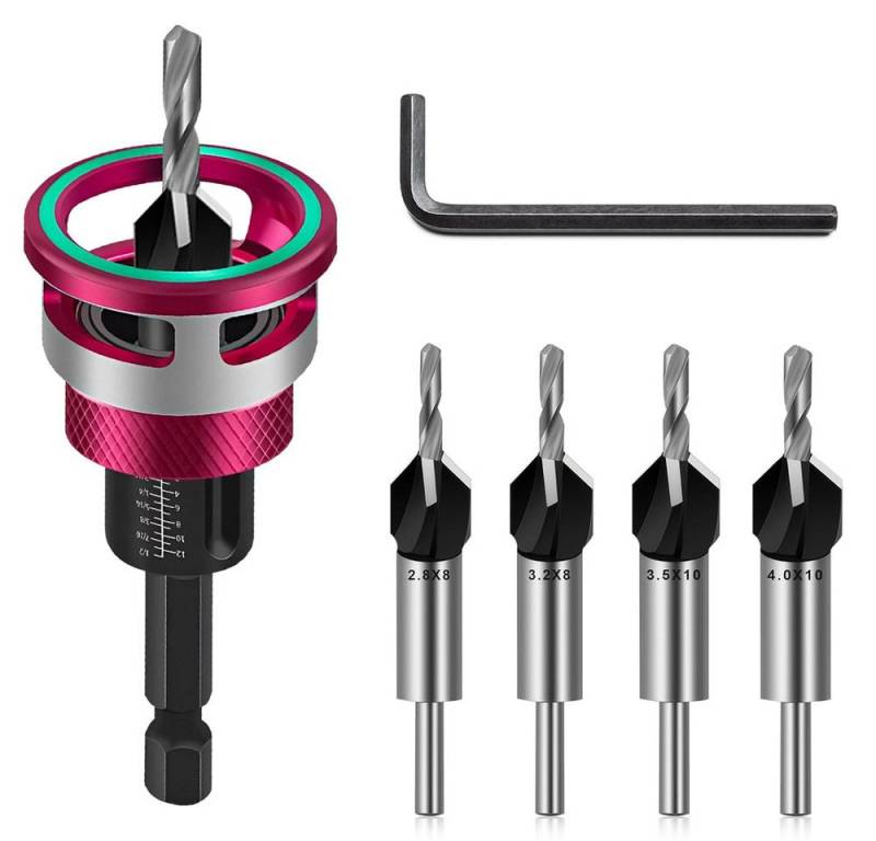 PRIISF Bohrer- und Bitset Vorbohrer Senkbohrer Holzbohrer Senkbohrung Schnitttiefe verstellbar, 6-teiliges Kegelsenker Bohrer Set Bohrsenker mit Tiefenanschlag, Senker Holzbohrer mit 1/4" Hex Schaft, Versenker Aufstecksenker Tiefenstopp Vorbohren Holzspiralbohrer von PRIISF