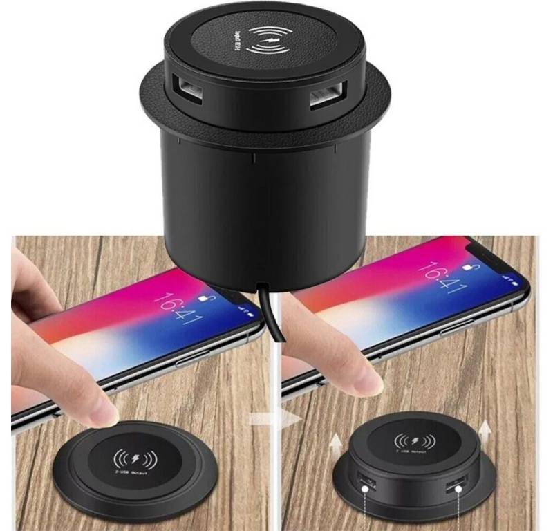 PRIISF Qi Wireless Charger Induktive Ladestation Unterbau Ladegerät Kabellos Steckdosenleiste (USB-Anschluss, USB-Anschlüsse, Einbausteckdose Mehrfachsteckdose, Einbau-Tischsteckdosenleiste, Kabellänge 1,4 m), Versenkbare Steckdose Steckdosenleiste Mehrfachsteckdose von PRIISF