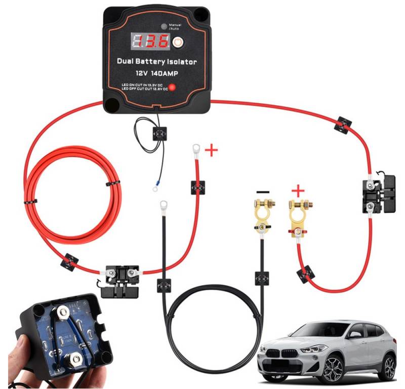 PRIISF Relais-Modul Auto KFZ Doppelbatterie Isolator Trennrelais Split Charge Kit 12V 140A, (vollautomatisches Batterie Trennrelais mit LCD Display), Automatisches Ladegerät mit Kupfer Kabel für Auto LKW Wohnmobile Boote von PRIISF
