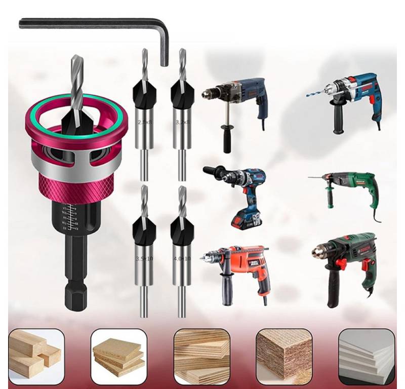 PRIISF Spiralbohrer 6tlg Vorbohrer Senker Tiefenstopp Versenker Aufstecksenker Holzbohrer, (Kegelsenker Bohrer Set Senkbohrer mit Tiefenanschlag, Senkbohrung Vorbohren Schnitttiefe verstellbar), Bohrsenker Bohrer Senker Satz zylindrische Spiralbohrer Werkzeug von PRIISF