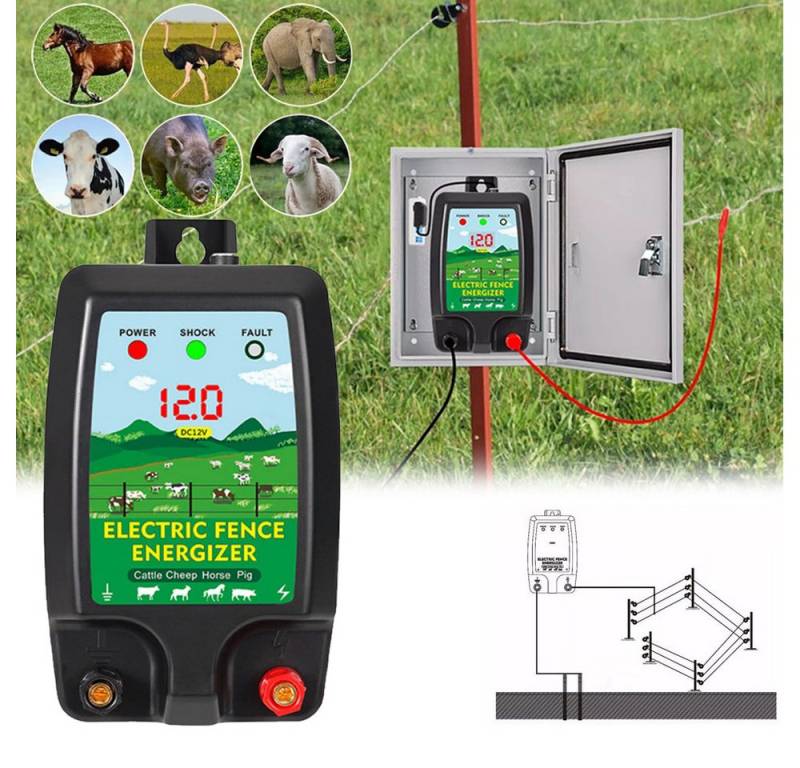 PRIISF Staketenzaun 230V Weidezaungerät Elektrozaungerät 12V Weidegerät Elektro Weide Zaun, (1,5 Joule, 12000 Volt, 5 km Reichweite Weidezaun Elektro Weide Zaun, schlagstarkes Elektrozaungerät für Weidezäune), für Geflügel, Vieh, Hobbytiere, Haustiere von PRIISF
