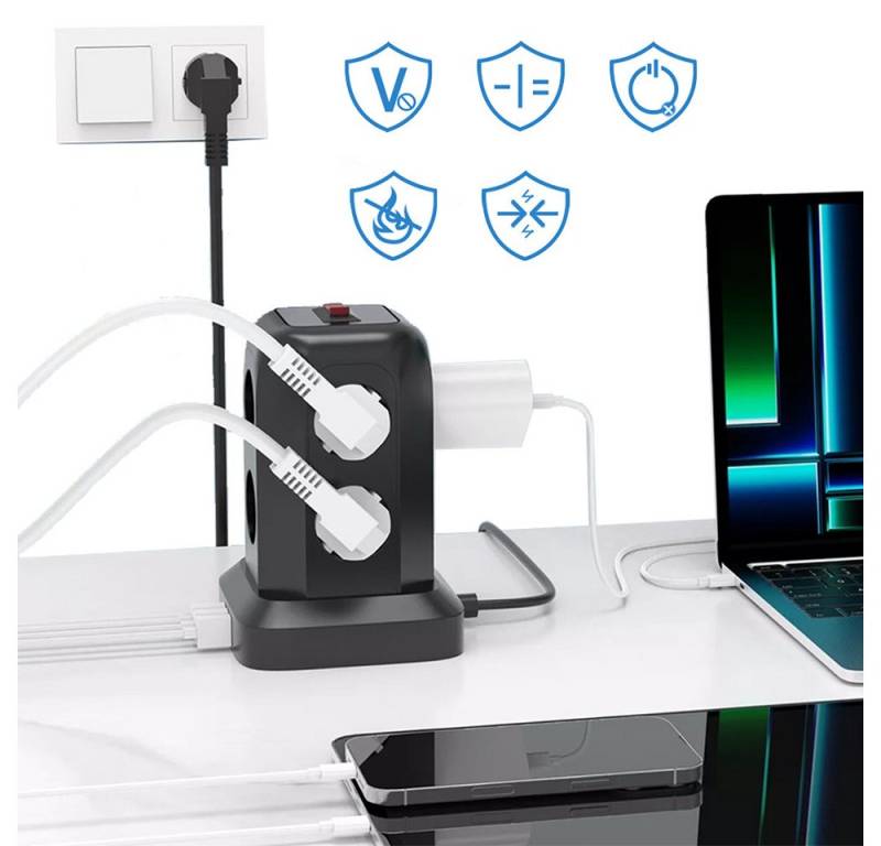 PRIISF Steckdosenturm Steckdosentower Multi Schuko Steckdosenblock USB A & C Steckdosenverteiler 8-fach (mit Schalter Mehrfachsteckdose 12 in 1 Steckdosen in 90° 45°-Anordnung, Überspannungsschutz, Blitzschutz, Überlastungsschutz, Kabellänge 1.8 m), Steckdosenwürfel USB Ladegerät Steckdosenadapter kompakter, tragbarer von PRIISF