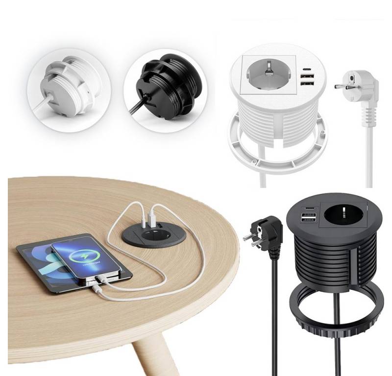 PRIISF Tischplatte Grommet Einbausteckdose Schreibtisch Tischsteckdosenleiste Einbau-Tischsteckdose 4-fach (EU-Steckdose, USB-Anschlüsse, USB-C, Schutz gegen Überspannung, Überstrom, Antistatik, Kurzschluss, Kabellänge 1,7 m), Unterputz Tisch Einbau Steckdose für Arbeitsplatte Nachttisch Küche von PRIISF