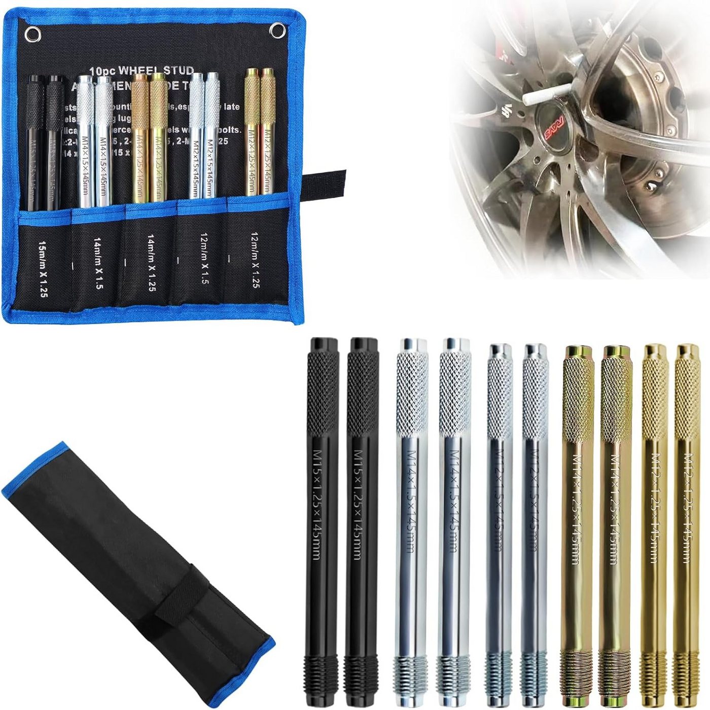 PRIISF Werkzeugset 10 Stück Reifen Montagehilfe Kfz Radmontagehilfe Autoreifen Edelstahl, (M12 x 1.25, M12 x 1.5, M14 x 1.25, M14 x 1.5, M15 x 1.25, Fixierbolzen Kfz Werkzeug Set Universal Radmontagewerkzeug), Radwechsel Felgen Zentrierhilfe/Aufhängen Werkzeug von PRIISF