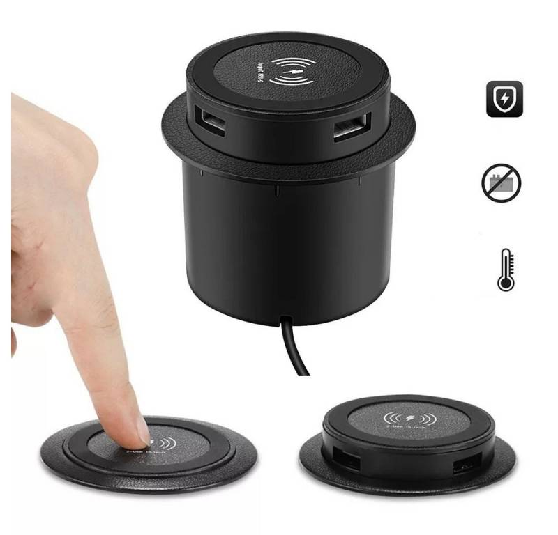 PRIISF Wireless Charger Induktive Kabellos Ladegerät Versenkbare Steckdose Mehrfachsteckdose (USB-Anschluss, USB-Anschlüsse, Einbau-Tischsteckdosenleiste Einbau-Tischsteckdose, Kabellänge 1,4 m), Büro Unterbau Schreibtisch-Einbausteckdose Ladestation Induktion von PRIISF
