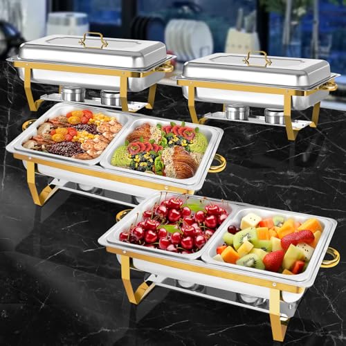 PRIJESSE 8QT Chafing Dishes for Buffet 4 Pack Golden Food Warmer with Half Size Food Pans, Chafing Dish Buffet Set with Stackable Design Less Storage Space for Party, Wedding von PRIJESSE