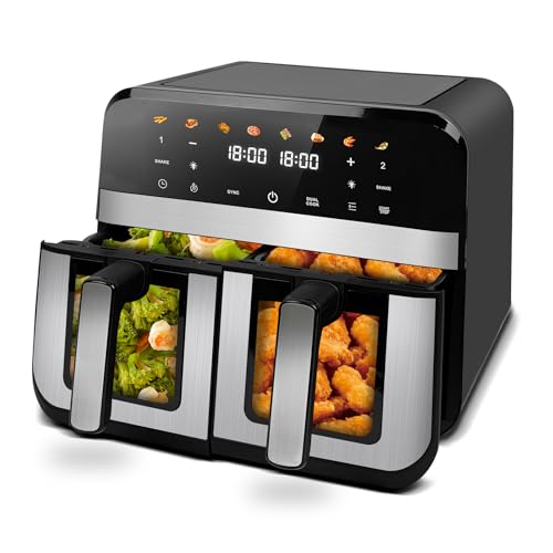 PRIJESSE Dual Zone Heißluftfritteuse 9L | 2 unabhängige Kammern | 8 Programme + Touchscreen | Ölfrei, 1800W, 3D-Umluft | Spülmaschinenfest & Sichtfenster | Airfryer, Grill & Backofen von PRIJESSE